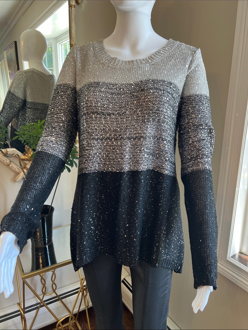 Belldini Black, Silver & Gray Sequin Colorblock Knit Sweater